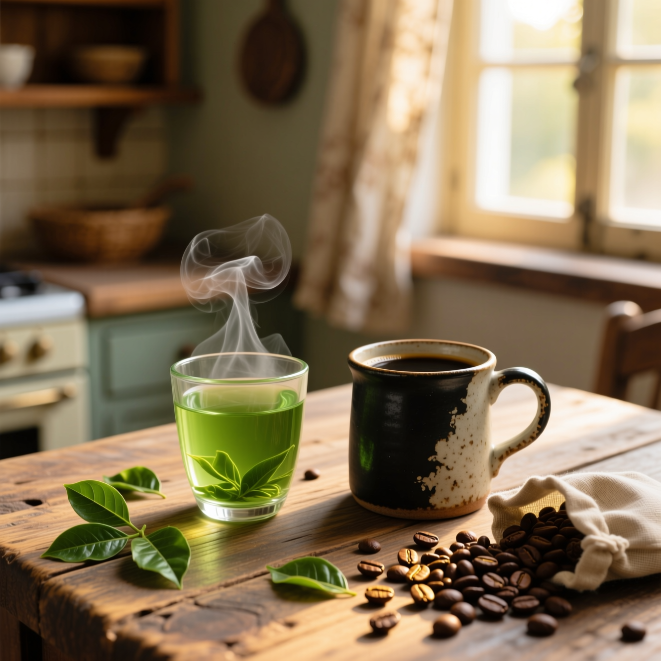 Сравнение чая и кофе: две чашки на деревянном столе — одна с зелёным чаем, другая с чёрным кофе